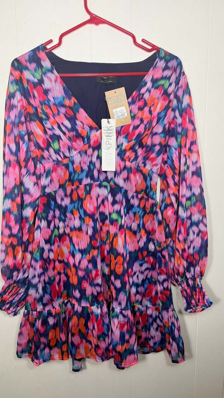 Minkpink Calista Mini Dress Size S Blurred Floral V-Neck Ruffle